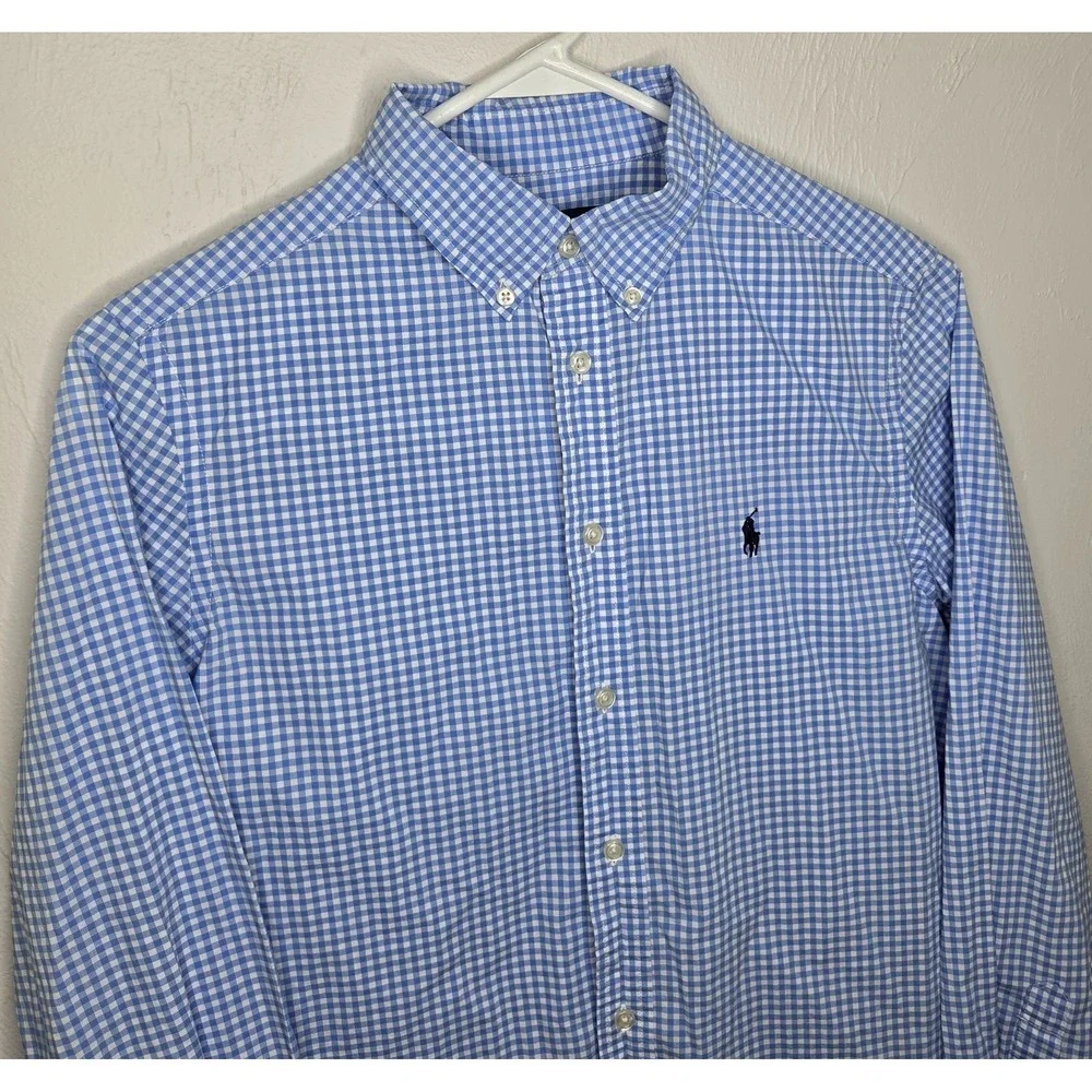 Ralph Lauren Boy Size Large 14-16 Ghingam Check Button Down Blue White Logo Pony